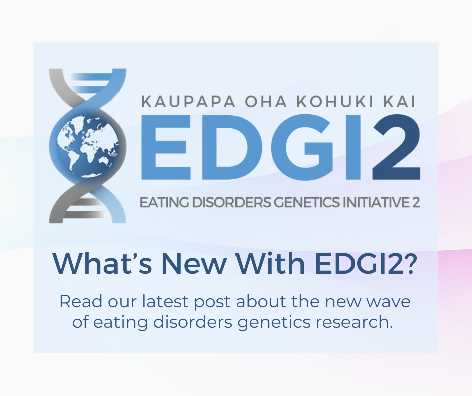 EDGI2 (Eating Disorders Genetics Initiative 2) logo featuring a DNA strand with a globe, alongside text announcing new updates in eating disorders genetics research.