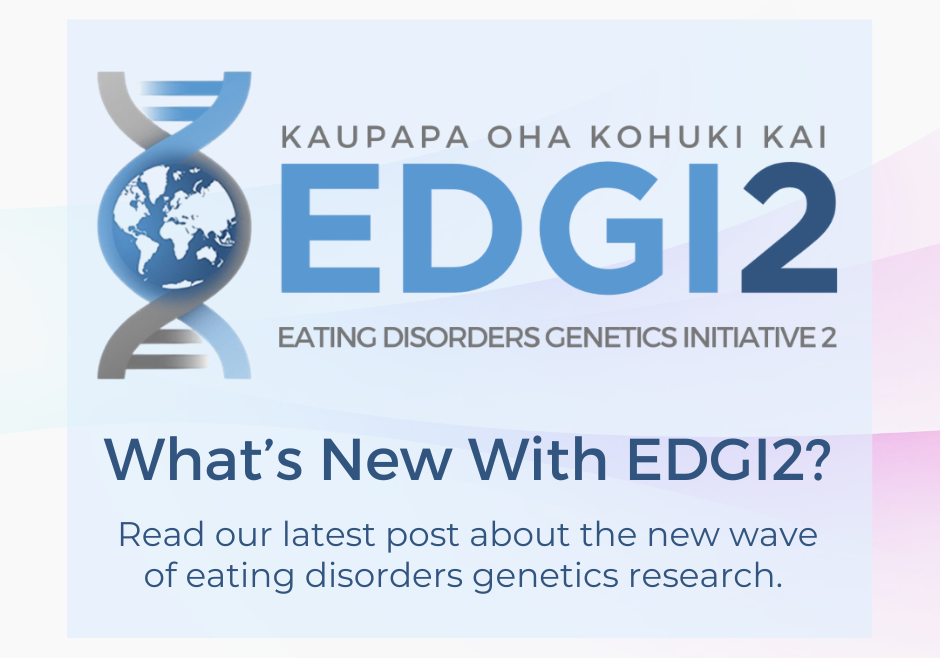 EDGI2 (Eating Disorders Genetics Initiative 2) logo featuring a DNA strand with a globe, alongside text announcing new updates in eating disorders genetics research.