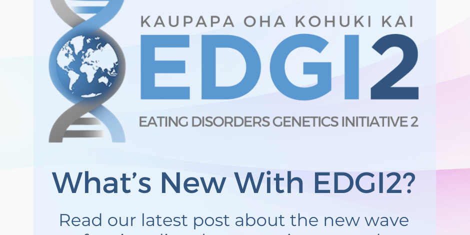 EDGI2 (Eating Disorders Genetics Initiative 2) logo featuring a DNA strand with a globe, alongside text announcing new updates in eating disorders genetics research.